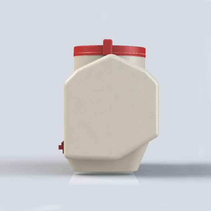 Beige high-capacity chicken water container with a red lid, designed for farm and garden use, animal care, and chicken accessories in best sellers collection.