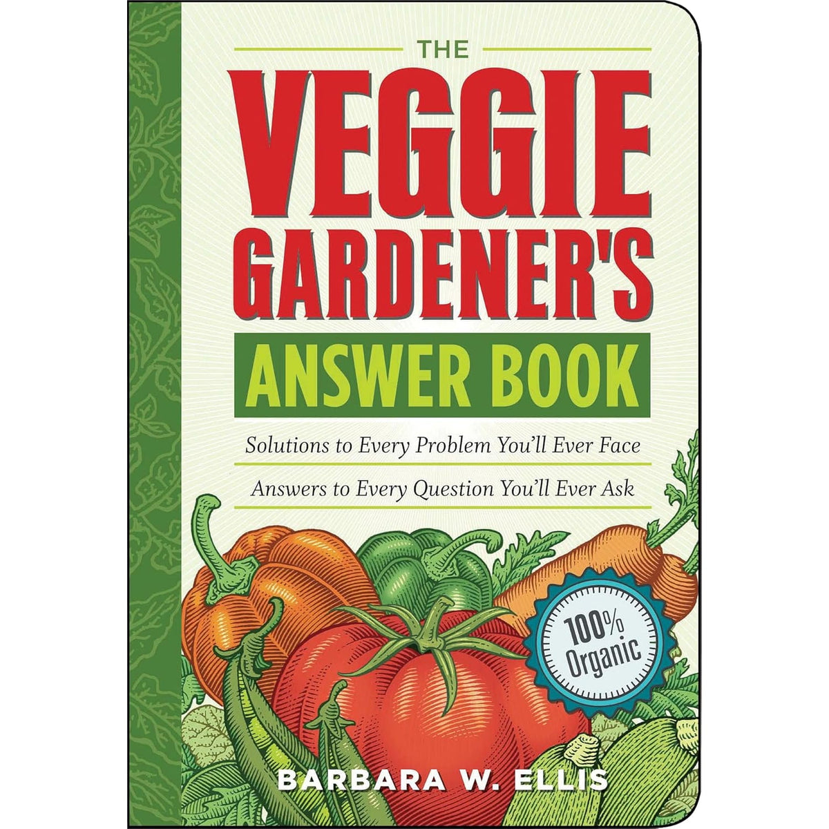 Front cover of a pocket-sized organic gardening guidebook titled "Veggie Gardener's Answer Book" featuring colorful illustrated vegetables, included in Books and Home and Garden How-To Books collections.