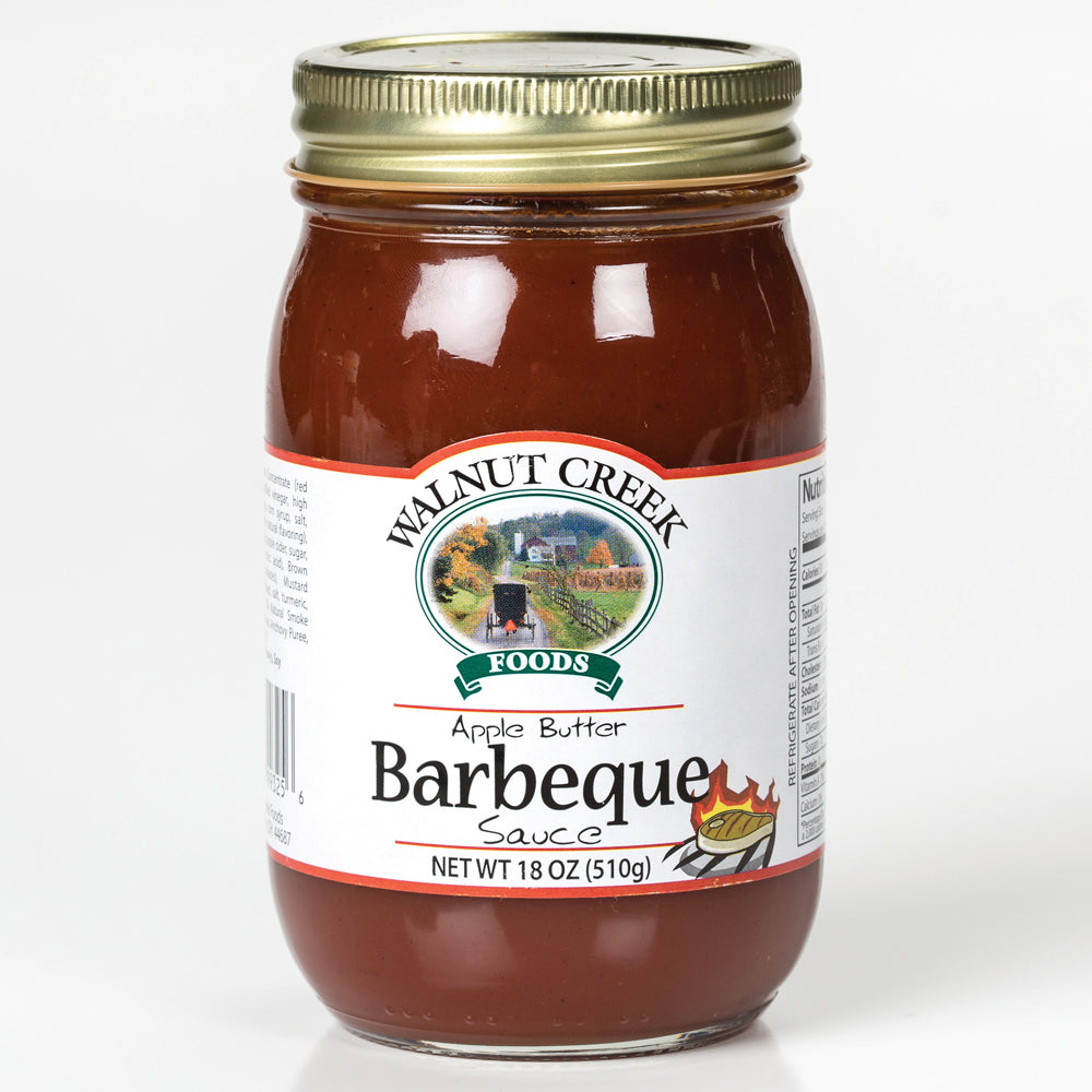 Handcrafted glass jar of apple butter barbeque sauce with gold metal lid, made in USA, suitable for Farm, Garden & Tool, Kitchen & Food, Apple Harvest Supplies, Food, Pantry, USA Made, Best Sellers, and Promo Eligible collections.