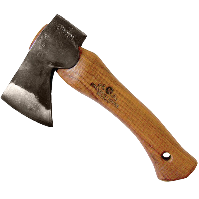 Handcrafted Gransfors Bruk hatchet with a tempered steel blade and smooth wooden handle, compact for small wood cutting tasks, ideal for Farm, Garden & Tool and Axes collections.