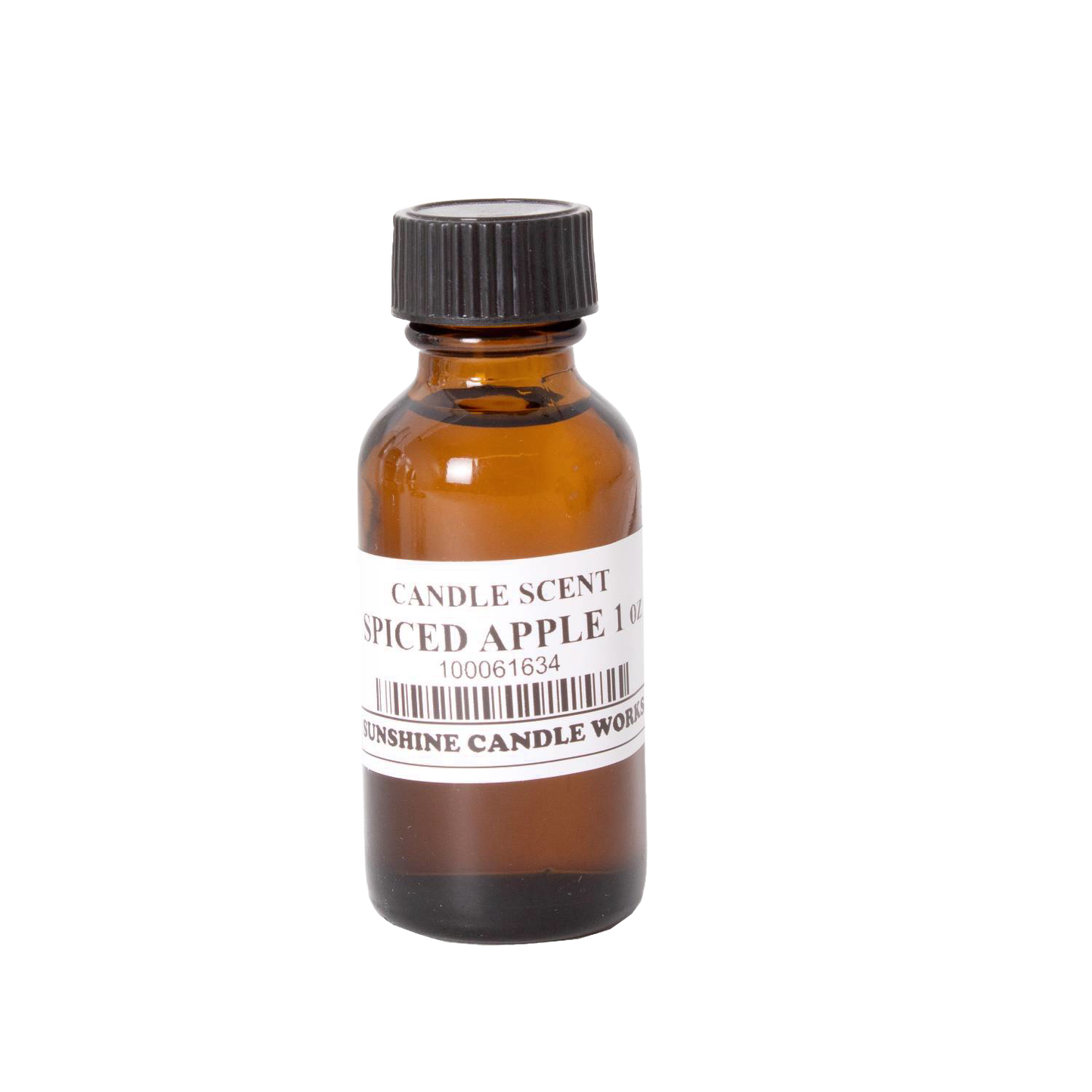 Amber glass bottle of spiced apple scented oil with black screw cap, handcrafted for use in lamps & lighting, candlemaking supplies, best sellers, and promo eligible collections.