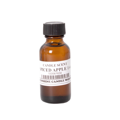 Amber glass bottle of spiced apple scented oil with black screw cap, handcrafted for use in lamps & lighting, candlemaking supplies, best sellers, and promo eligible collections.