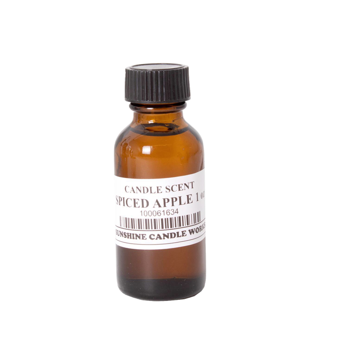 Amber glass bottle of spiced apple scented oil with black screw cap, handcrafted for use in lamps & lighting, candlemaking supplies, best sellers, and promo eligible collections.