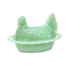 Glossy light green hand-pressed glass hen-shaped covered dish, handcrafted in the USA, ideal for Kitchen & Food, Storage and Serving, Best Sellers, and Promo Eligible collections.
