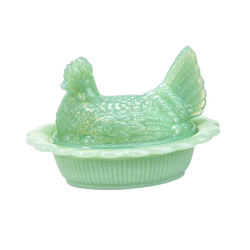 Glossy light green hand-pressed glass hen-shaped covered dish, handcrafted in the USA, ideal for Kitchen & Food, Storage and Serving, Best Sellers, and Promo Eligible collections.