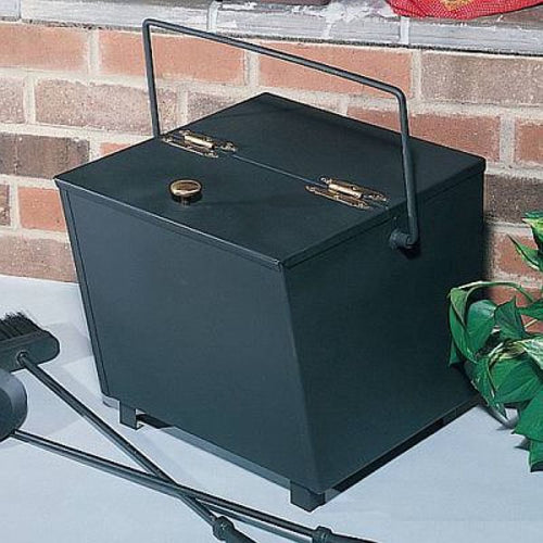 Black steel ash carrier designed with a balanced handle, steel legs, and back assist handle for easy lifting and dumping, handcrafted in USA for Hearth Accessories and Stoves collections.