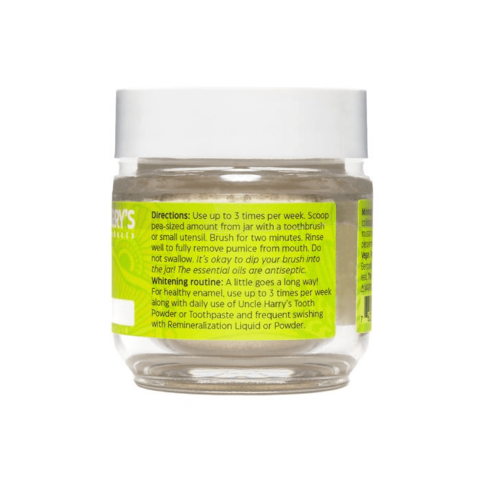 Clear jar of tooth whitening pumice polish with white lid and bright green label showing usage directions, featured in Health & Wellness, Grooming, USA Made, and Best Sellers collections.