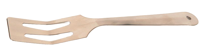 Stainless steel kitchen spatula with an angled, slotted, sharpened edge designed for mixing, serving, and chopping, made in USA, featured in Kitchen & Food and Storage and Serving collections.