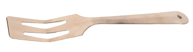 Stainless steel kitchen spatula with an angled, slotted, sharpened edge designed for mixing, serving, and chopping, made in USA, featured in Kitchen & Food and Storage and Serving collections.