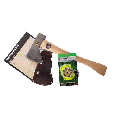 Handcrafted Amish-made kindling axe with wooden handle and leather sheath beside an Appalachian Trail map and bright yellow compass, ideal for camping, hiking, and outdoor use.