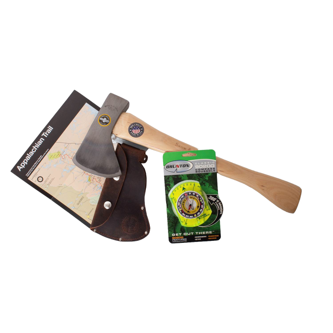 Handcrafted Amish-made kindling axe with wooden handle and leather sheath beside an Appalachian Trail map and bright yellow compass, ideal for camping, hiking, and outdoor use.