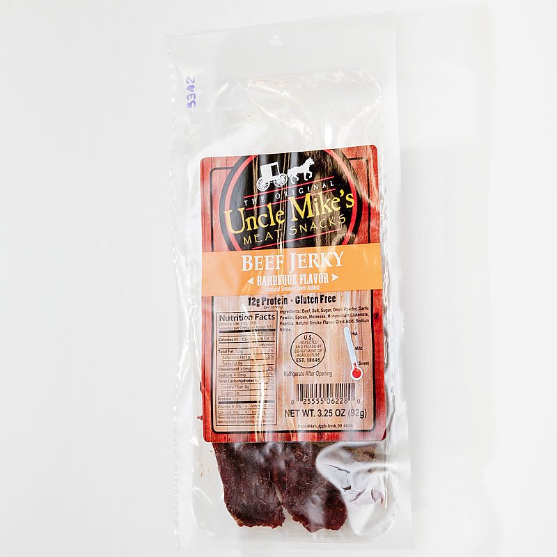 Clear resealable package of handcrafted barbecue flavored beef jerky with nutrition facts visible, a high-protein gluten-free snack made in USA for Kitchen & Food, Meats, and Best Sellers collections.
