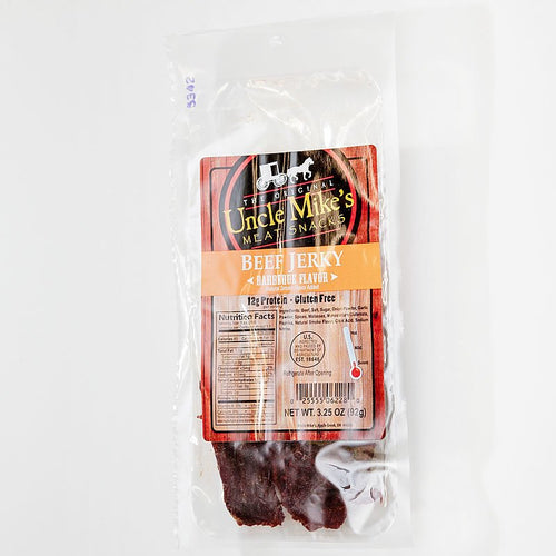 Clear resealable package of handcrafted barbecue flavored beef jerky with nutrition facts visible, a high-protein gluten-free snack made in USA for Kitchen & Food, Meats, and Best Sellers collections.