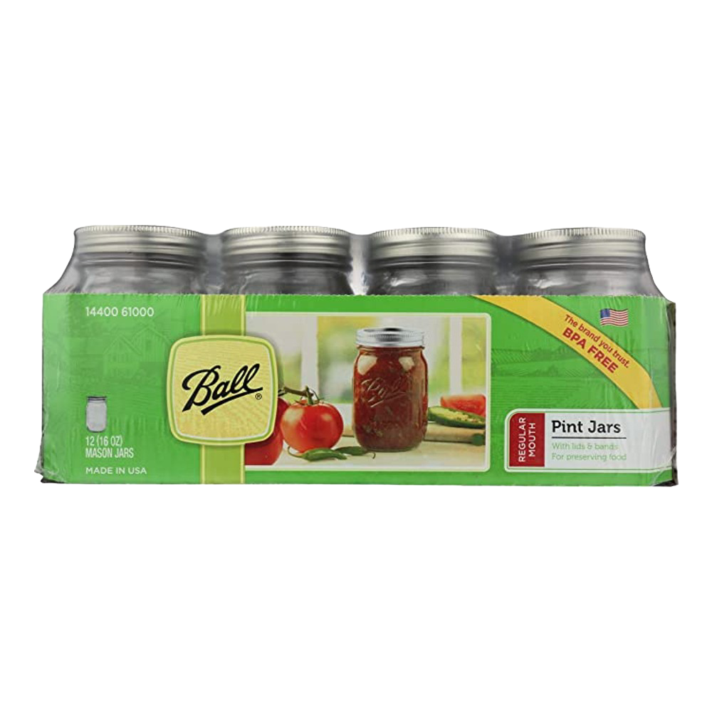 Case of twelve clear glass pint-sized canning jars with silver metal lids and bands, packaged with images of fresh tomatoes and preserves, suitable for Kitchen & Food, Food Preservation, Canning, USA Made, Best Sellers, and Promo Eligible collections.