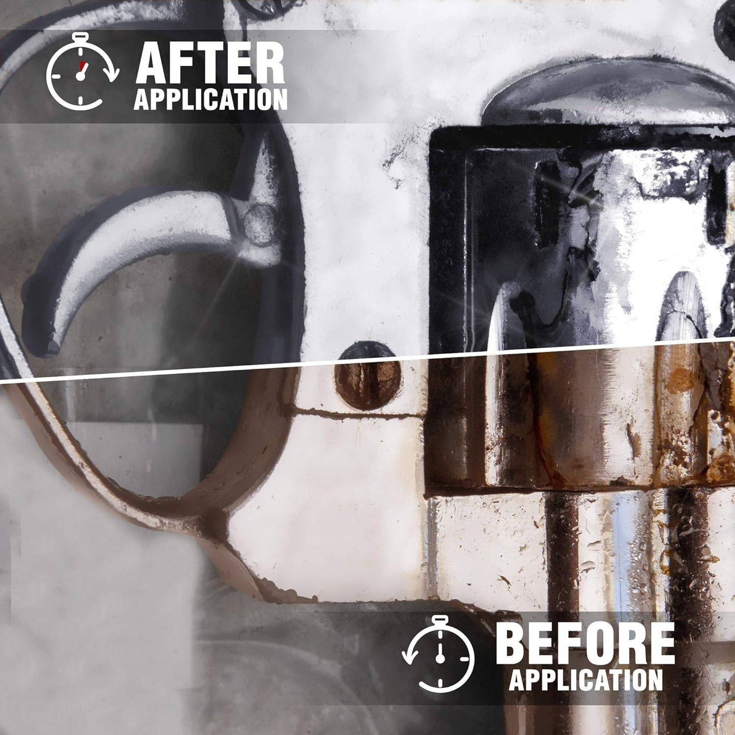 Close-up comparison of a gun cylinder showing rust and grime before cleaning and a polished, rust-free surface after applying handcrafted Gun Cleaner and Oil, featured in Household Cleaning and USA Made collections.