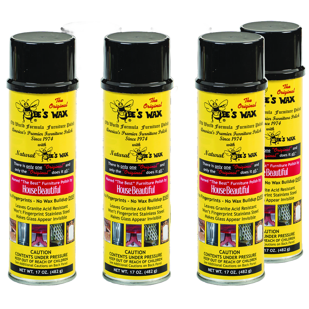 Four yellow cans of beeswax polish with black caps, featuring red and black labels highlighting no wax buildup and natural protection, part of Home & Decor, Household Cleaning, and USA Made collections.
