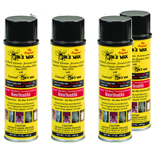 Four yellow cans of beeswax polish with black caps, featuring red and black labels highlighting no wax buildup and natural protection, part of Home & Decor, Household Cleaning, and USA Made collections.