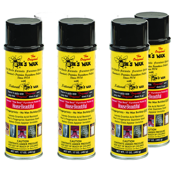 Four yellow cans of beeswax polish with black caps, featuring red and black labels highlighting no wax buildup and natural protection, part of Home & Decor, Household Cleaning, and USA Made collections.