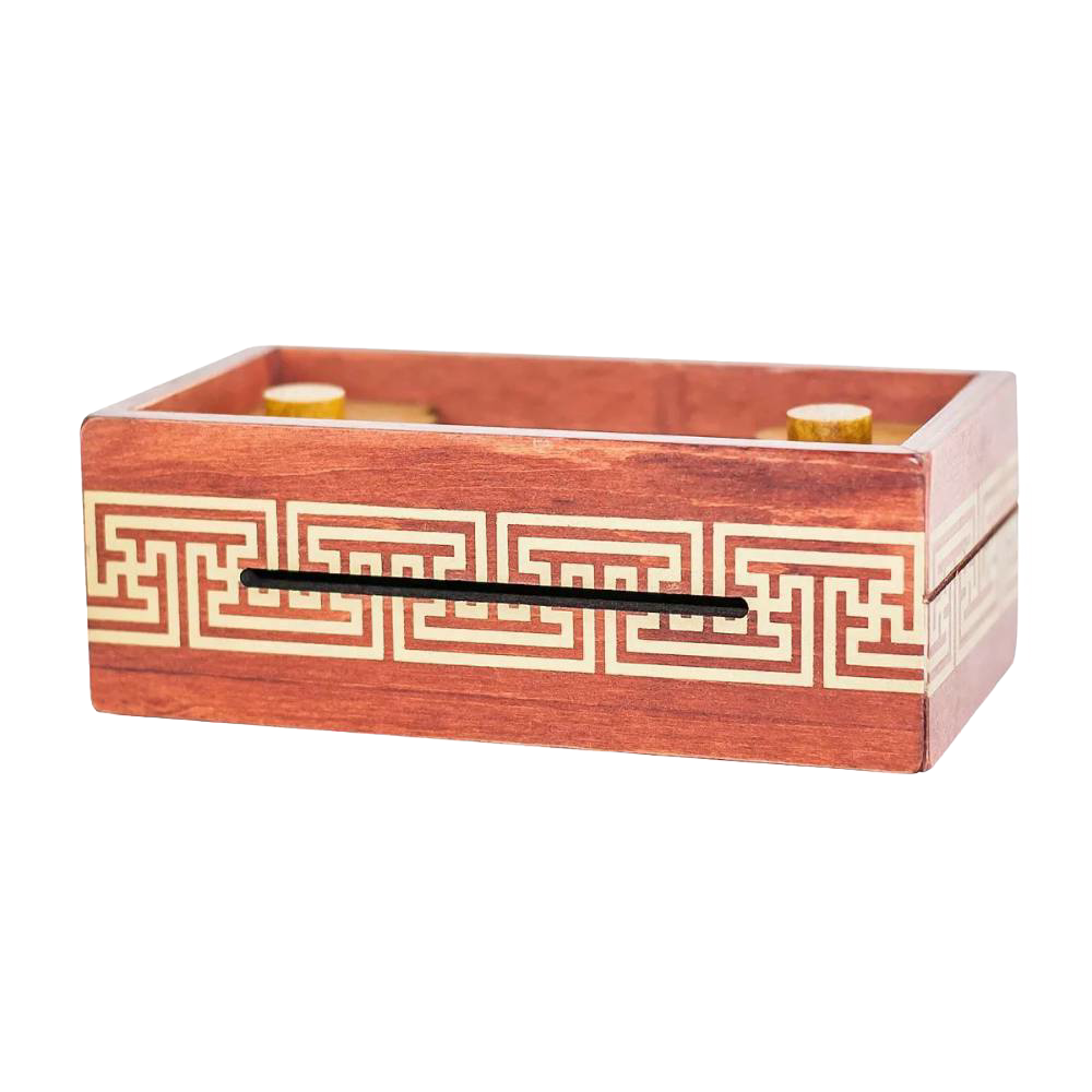 Handcrafted wooden puzzle box with geometric maze patterns on the sides, designed as a brainteaser for children's toys and games collections.
