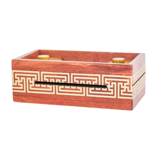 Handcrafted wooden puzzle box with geometric maze patterns on the sides, designed as a brainteaser for children's toys and games collections.