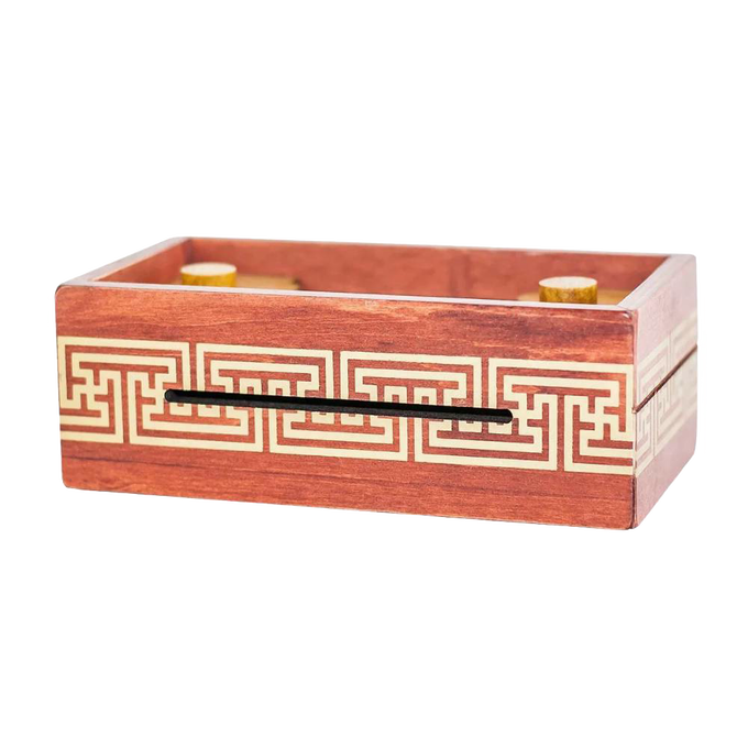 Handcrafted wooden puzzle box with geometric maze patterns on the sides, designed as a brainteaser for children's toys and games collections.