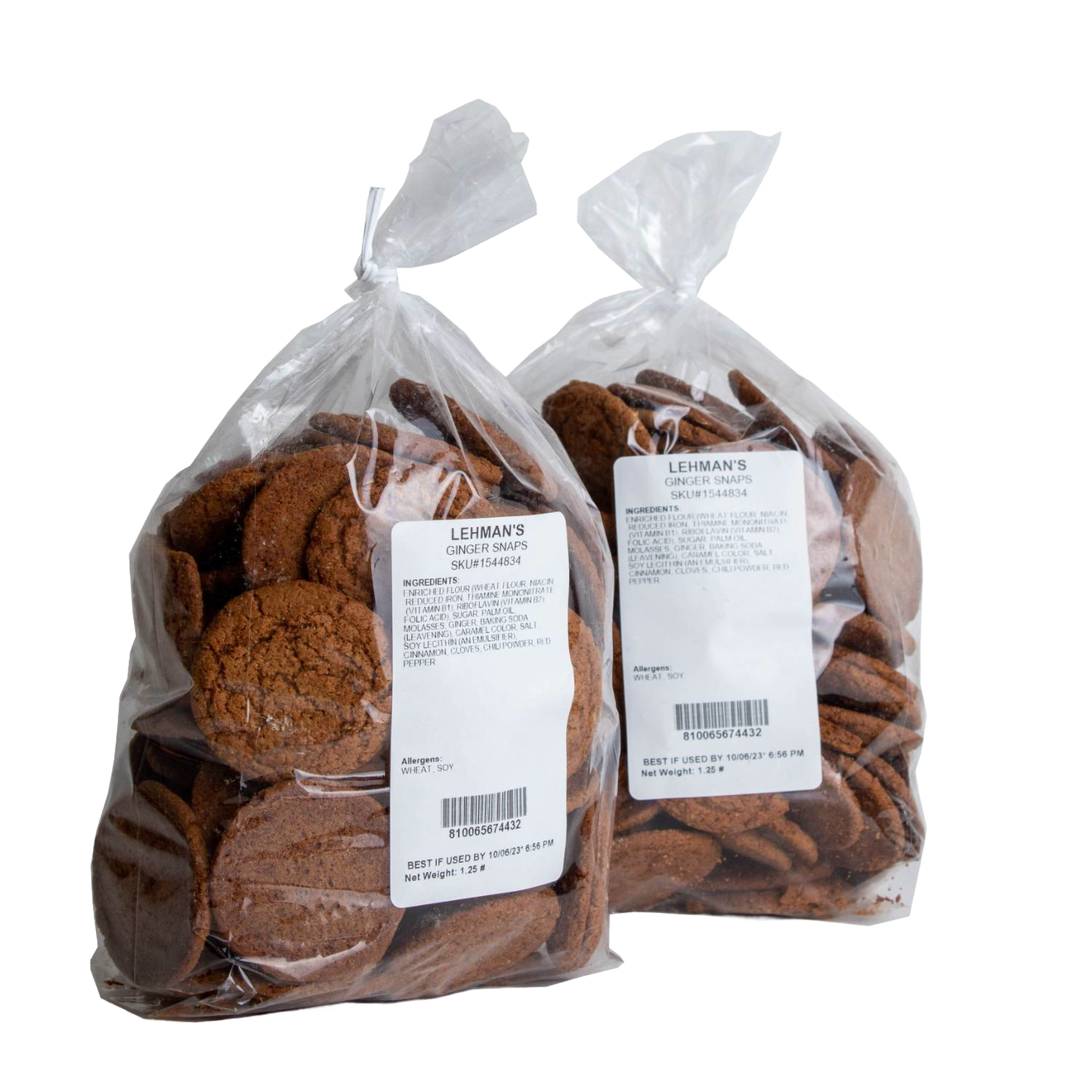 Two clear bags filled with handcrafted crispy ginger snap cookies made with warm spices and molasses, part of Kitchen & Food, Snacks and Sweets, USA Made, and Best Sellers collections.