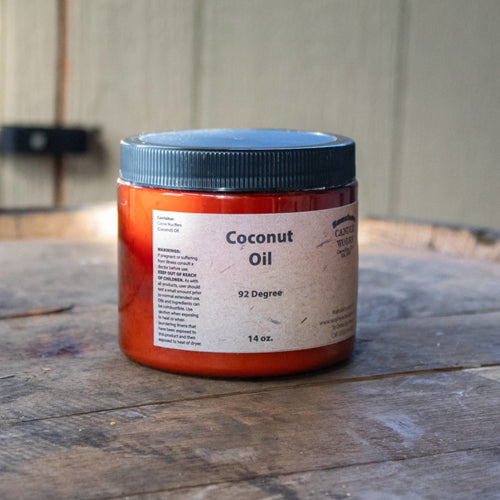 Amber container of pure coconut oil labeled 92 degrees and 14 oz, designed for crafting soap, featured in Health & Wellness, Soaps and Soapmaking, and USA Made collections.