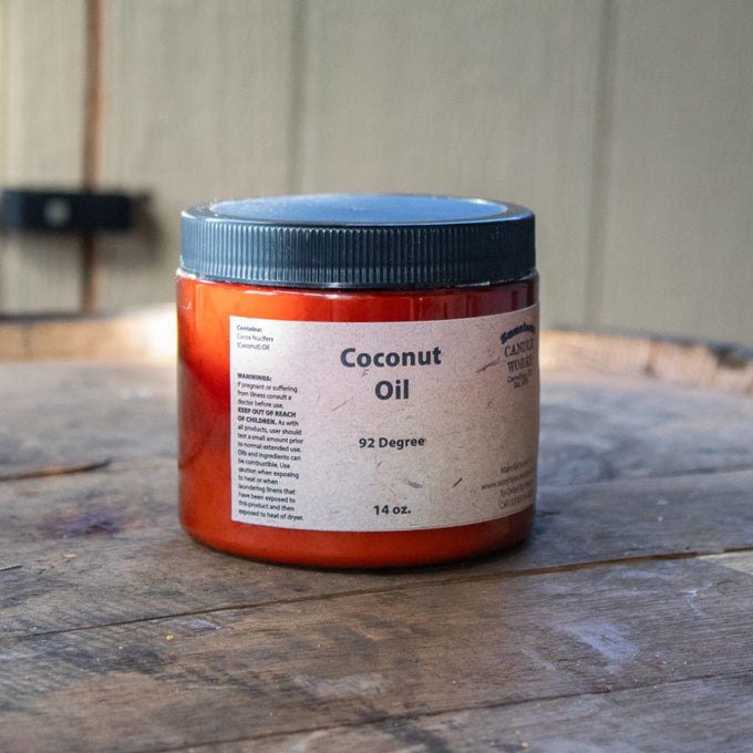 Amber container of pure coconut oil labeled 92 degrees and 14 oz, designed for crafting soap, featured in Health & Wellness, Soaps and Soapmaking, and USA Made collections.