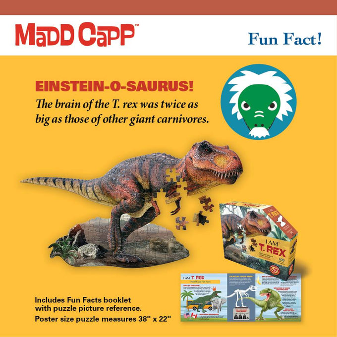 Bright yellow background featuring a detailed T-Rex puzzle with pieces floating, a boxed puzzle set, and a fun fact about the T-Rex brain, ideal for Toys, Books & Games and Children’s Toys collections.