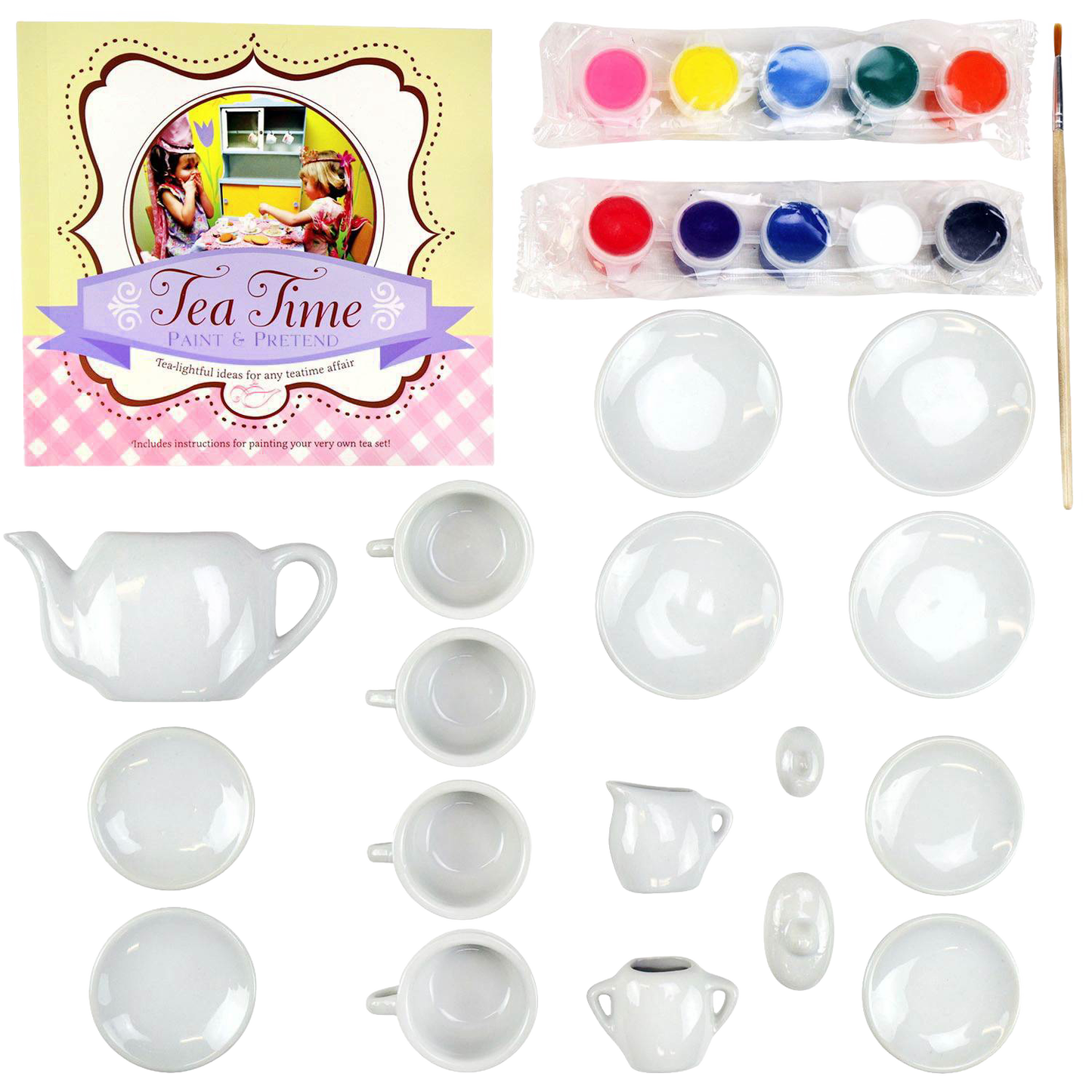 Handcrafted 17-piece mini tea set art kit with white porcelain cups, plates, teapot, sugar bowl, creamer, and colorful paints, designed for imaginative play in Toys, Books & Games and Children's Toys collections.