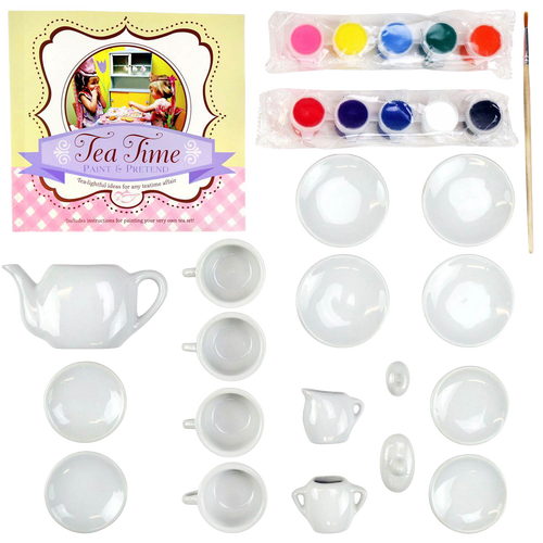 Handcrafted 17-piece mini tea set art kit with white porcelain cups, plates, teapot, sugar bowl, creamer, and colorful paints, designed for imaginative play in Toys, Books & Games and Children's Toys collections.