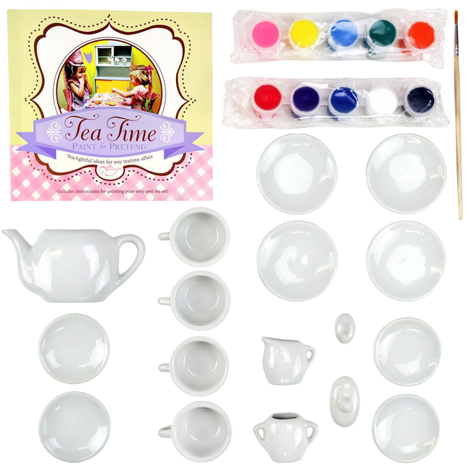 Handcrafted 17-piece mini tea set art kit with white porcelain cups, plates, teapot, sugar bowl, creamer, and colorful paints, designed for imaginative play in Toys, Books & Games and Children's Toys collections.