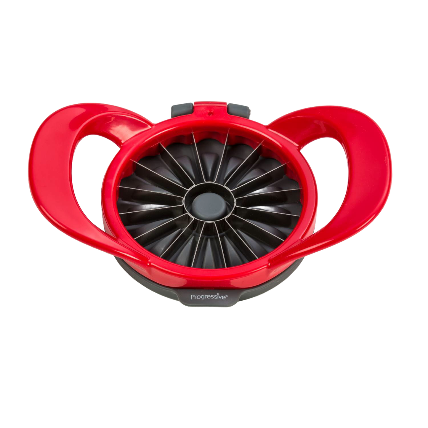 Red and black hard plastic kitchen gadget with stainless steel blades designed to cut apples into thin, uniform wedges, featured in Farm, Garden & Tool and Kitchen & Food collections.