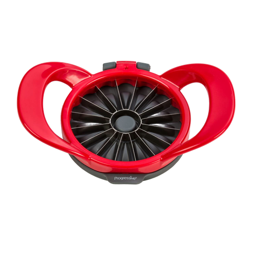 Red and black hard plastic kitchen gadget with stainless steel blades designed to cut apples into thin, uniform wedges, featured in Farm, Garden & Tool and Kitchen & Food collections.