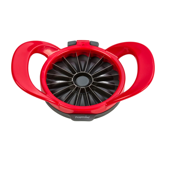 Red and black hard plastic kitchen gadget with stainless steel blades designed to cut apples into thin, uniform wedges, featured in Farm, Garden & Tool and Kitchen & Food collections.