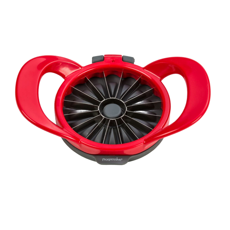 Red and black hard plastic kitchen gadget with stainless steel blades designed to cut apples into thin, uniform wedges, featured in Farm, Garden & Tool and Kitchen & Food collections.