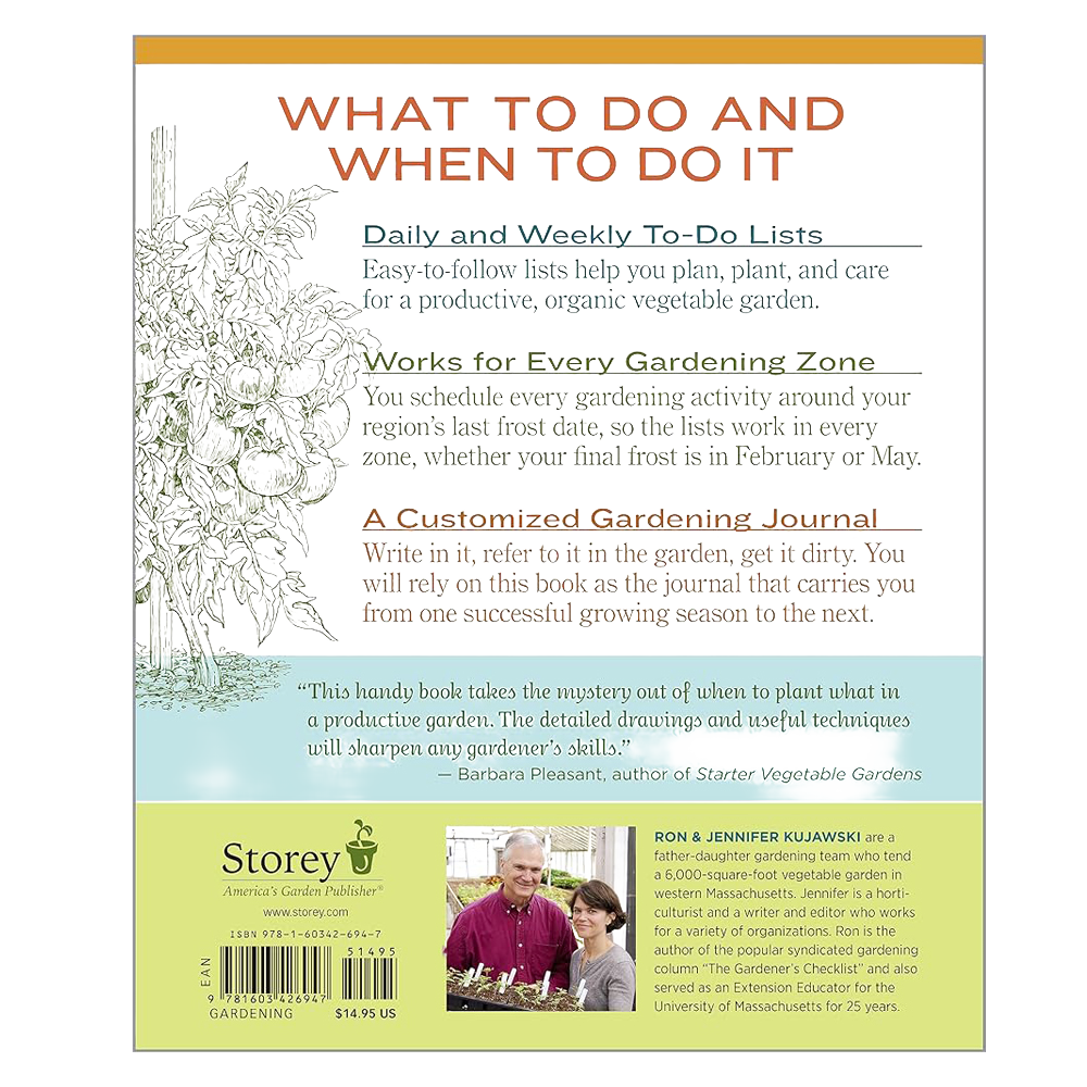 Back cover of a gardening handbook featuring step-by-step weekly vegetable garden tasks, illustrated instructions, and a testimonial, displayed under the Toys, Books & Games and Home and Garden How-To Books collections.