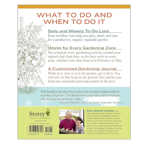Back cover of a gardening handbook featuring step-by-step weekly vegetable garden tasks, illustrated instructions, and a testimonial, displayed under the Toys, Books & Games and Home and Garden How-To Books collections.