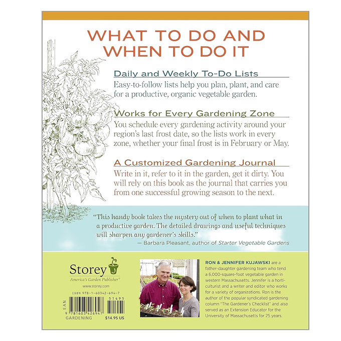 Back cover of a gardening handbook featuring step-by-step weekly vegetable garden tasks, illustrated instructions, and a testimonial, displayed under the Toys, Books & Games and Home and Garden How-To Books collections.