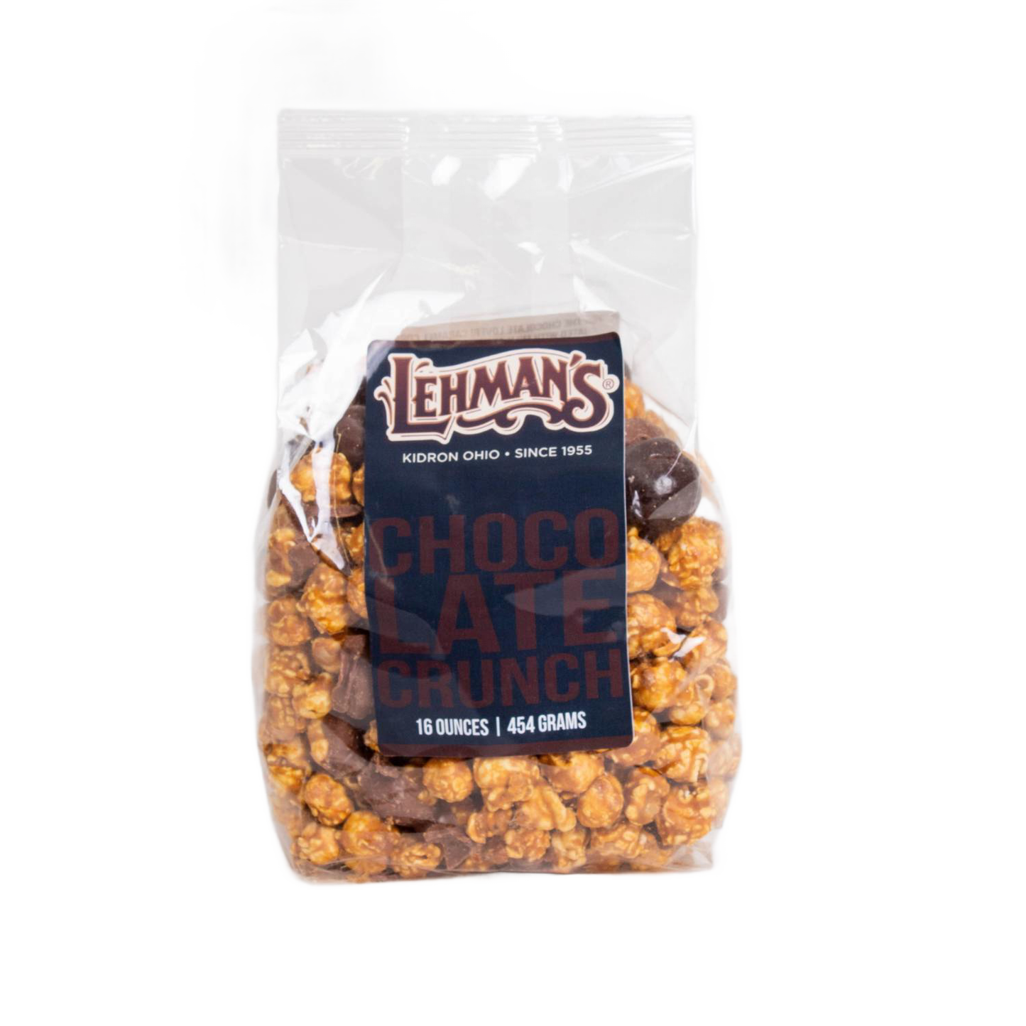 Clear bag of Lehman's handcrafted caramel popcorn crunch with chocolate pieces, made in USA and featured in Kitchen & Food, Snacks and Sweets, Popcorn, and Best Sellers collections.