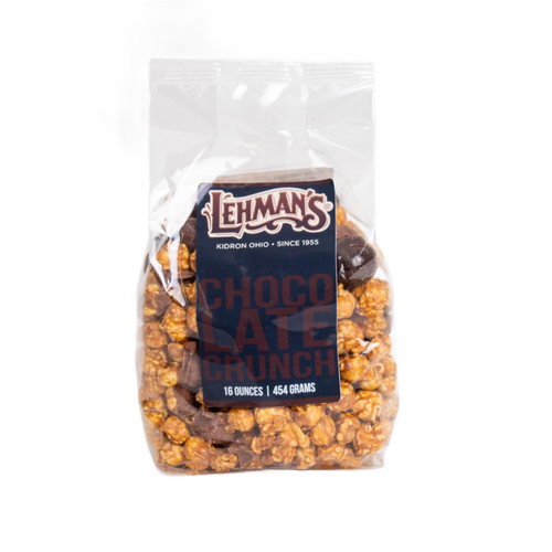 Clear bag of Lehman's handcrafted caramel popcorn crunch with chocolate pieces, made in USA and featured in Kitchen & Food, Snacks and Sweets, Popcorn, and Best Sellers collections.