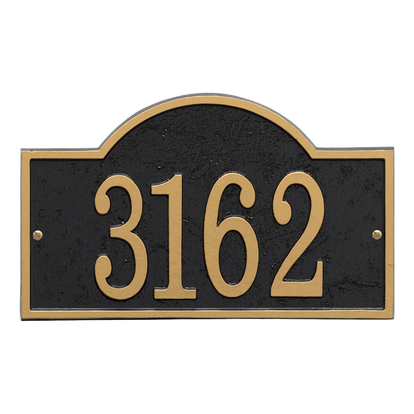 Handcrafted black and gold arched rectangle address plaque featuring raised numbers, designed to enhance curb appeal in Home & Decor, Household Helpers, and USA Made collections.