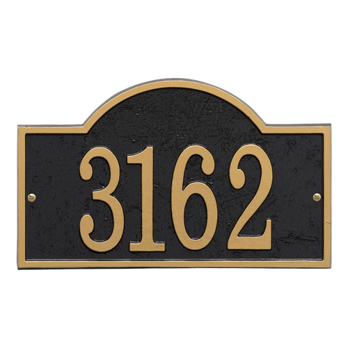 Handcrafted black and gold arched rectangle address plaque featuring raised numbers, designed to enhance curb appeal in Home & Decor, Household Helpers, and USA Made collections.
