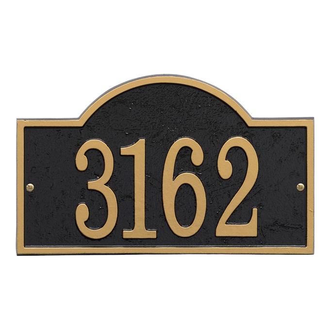 Handcrafted black and gold arched rectangle address plaque featuring raised numbers, designed to enhance curb appeal in Home & Decor, Household Helpers, and USA Made collections.