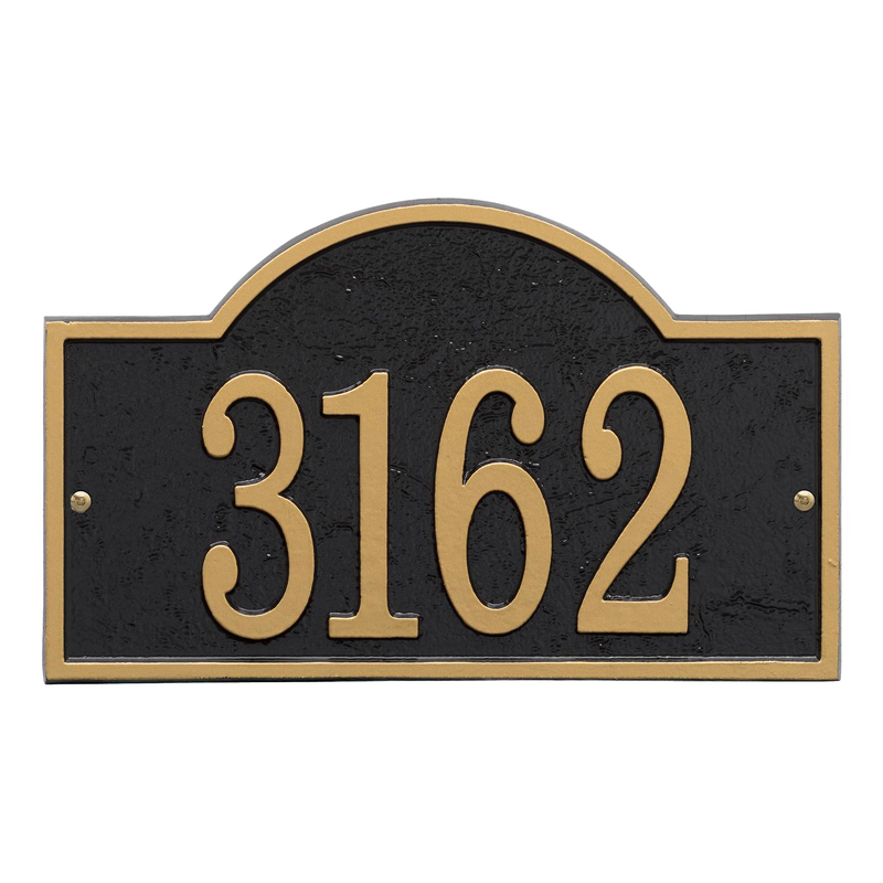 Handcrafted black and gold arched rectangle address plaque featuring raised numbers, designed to enhance curb appeal in Home & Decor, Household Helpers, and USA Made collections.