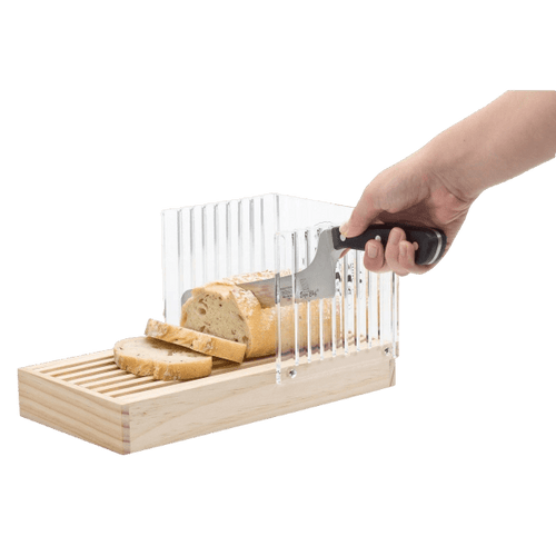 Handcrafted wooden bread slicer with clear acrylic panels to guide uniform slices, featuring a removable crumb tray, ideal for Kitchen & Food, Baking Helpers, and Bread Making Supplies collections.