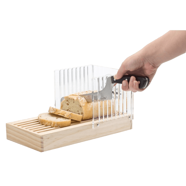 Handcrafted wooden bread slicer with clear acrylic panels to guide uniform slices, featuring a removable crumb tray, ideal for Kitchen & Food, Baking Helpers, and Bread Making Supplies collections.