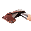 Close-up of a handcrafted splitting hatchet with a forged, concave blade and smooth wooden handle, featuring a protective brown leather sheath secured with rivets, ideal for wood cutting and outdoor tasks.