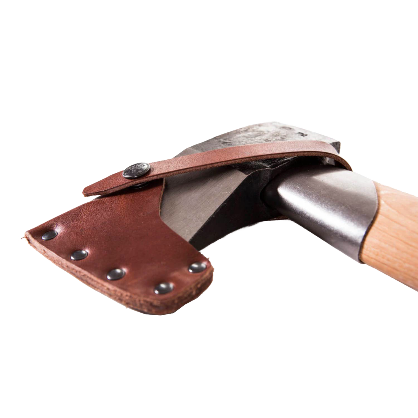 Close-up of a handcrafted splitting hatchet with a forged, concave blade and smooth wooden handle, featuring a protective brown leather sheath secured with rivets, ideal for wood cutting and outdoor tasks.