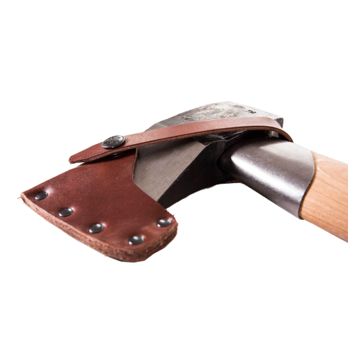 Close-up of a handcrafted splitting hatchet with a forged, concave blade and smooth wooden handle, featuring a protective brown leather sheath secured with rivets, ideal for wood cutting and outdoor tasks.